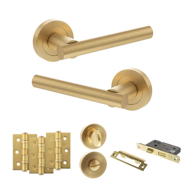 STATUS Nebraska Door Handle Pack (Bathroom Set - 2.5" CE Bathroom Lock, 3" Fire Rated Hinges x3) - Satin Brass - ADPS28RSB8 - Choice Handles