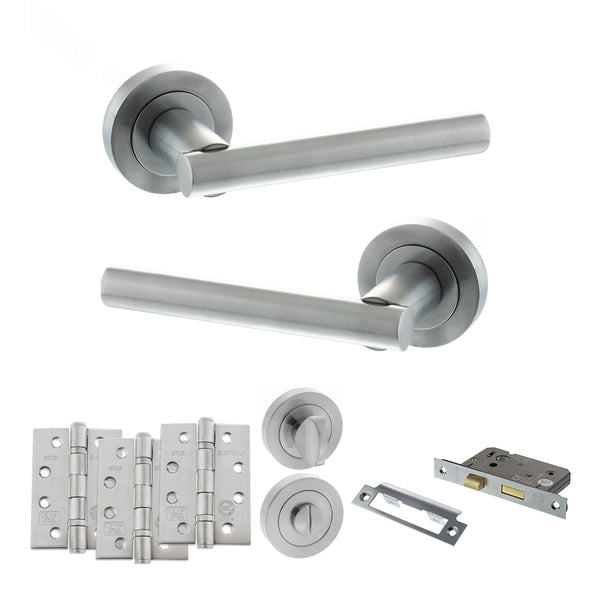STATUS Nebraska Door Handle Pack (Bathroom Set - 3" CE Bathroom Lock, 4" Fire Rated Hinges x3) - Satin Chrome - ADPS28RSC11 - Choice Handles