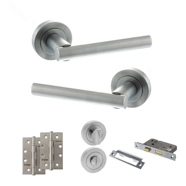 STATUS Nebraska Door Handle Pack (Bathroom Set - 3" CE Bathroom Lock, 4" Slim Knuckle Hinges x2) - Satin Chrome - ADPS28RSC13 - Choice Handles
