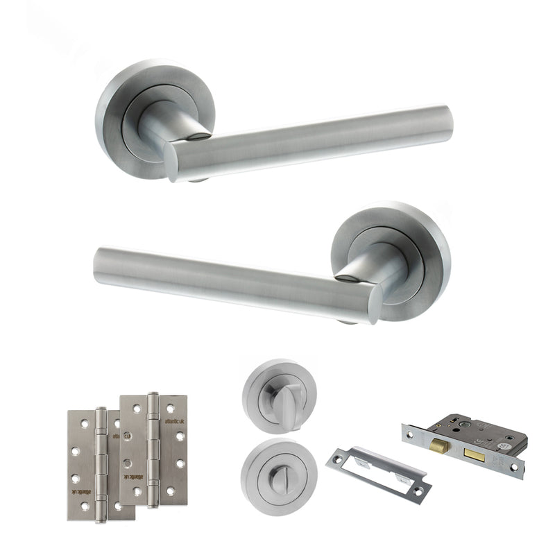 STATUS Nebraska Door Handle Pack (Bathroom Set - 3" CE Bathroom Lock, 4" Slim Knuckle Hinges x2) - Satin Chrome - ADPS28RSC13 - Choice Handles