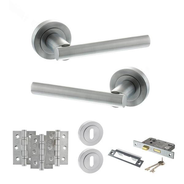 STATUS Nebraska Door Handle Pack (3 Lever Lock Set - 3" CE Sashlock, 3" Fire Rated Hinges x3) - Satin Chrome - ADPS28RSC15 - Choice Handles