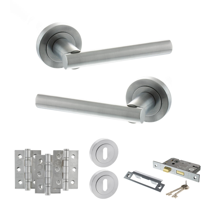 STATUS Nebraska Door Handle Pack (3 Lever Lock Set - 3" CE Sashlock, 3" Fire Rated Hinges x3) - Satin Chrome - ADPS28RSC15 - Choice Handles