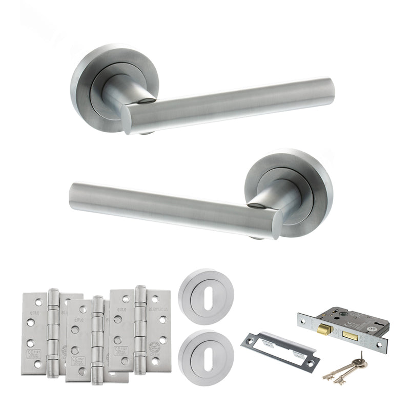 STATUS Nebraska Door Handle Pack (3 Lever Lock Set - 2.5" CE Sashlock, 4" Fire Rated Hinges x3) - Satin Chrome - ADPS28RSC16 - Choice Handles