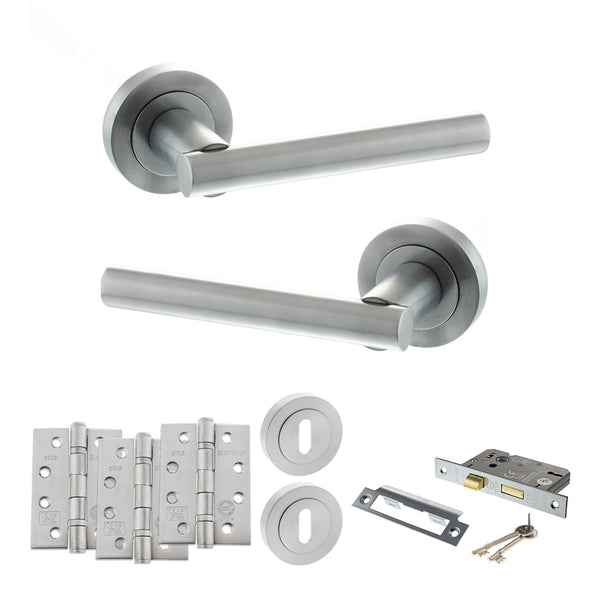 STATUS Nebraska Door Handle Pack (3 Lever Lock Set - 3" CE Sashlock, 4" Fire Rated Hinges x3) - Satin Chrome - ADPS28RSC17 - Choice Handles