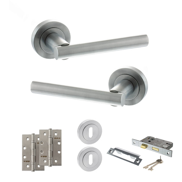 STATUS Nebraska Door Handle Pack (3 Lever Lock Set - 2.5" CE Sashlock, 4" Slim Knuckle Hinges x2) - Satin Chrome - ADPS28RSC18 - Choice Handles