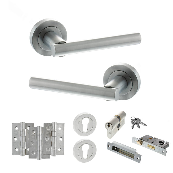 STATUS Nebraska Door Handle Pack (Euro Lock Set - 2.5" CE Sashlock, 3" Fire Rated Hinges x3) - Satin Chrome - ADPS28RSC20 - Choice Handles