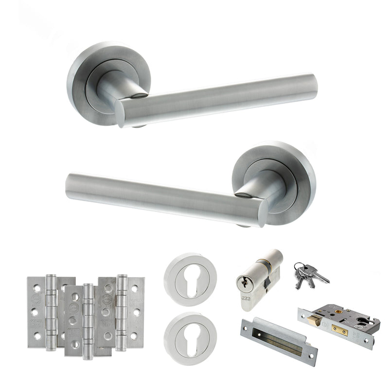 STATUS Nebraska Door Handle Pack (Euro Lock Set - 2.5" CE Sashlock, 3" Fire Rated Hinges x3) - Satin Chrome - ADPS28RSC20 - Choice Handles