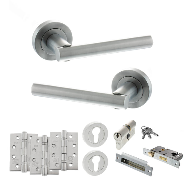 STATUS Nebraska Door Handle Pack (Euro Lock Set - 2.5" CE Sashlock, 4" Fire Rated Hinges x3) - Satin Chrome - ADPS28RSC22 - Choice Handles