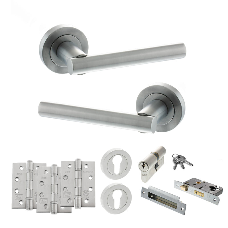 STATUS Nebraska Door Handle Pack (Euro Lock Set - 3" CE Sashlock, 4" Fire Rated Hinges x3) - Satin Chrome - ADPS28RSC23 - Choice Handles
