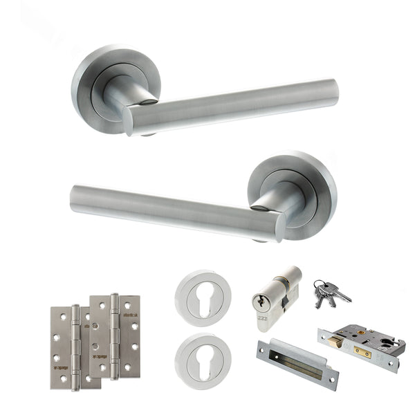 STATUS Nebraska Door Handle Pack (Euro Lock Set - 3" CE Sashlock, 4" Slim Knuckle Hinges x2) - Satin Chrome - ADPS28RSC25 - Choice Handles