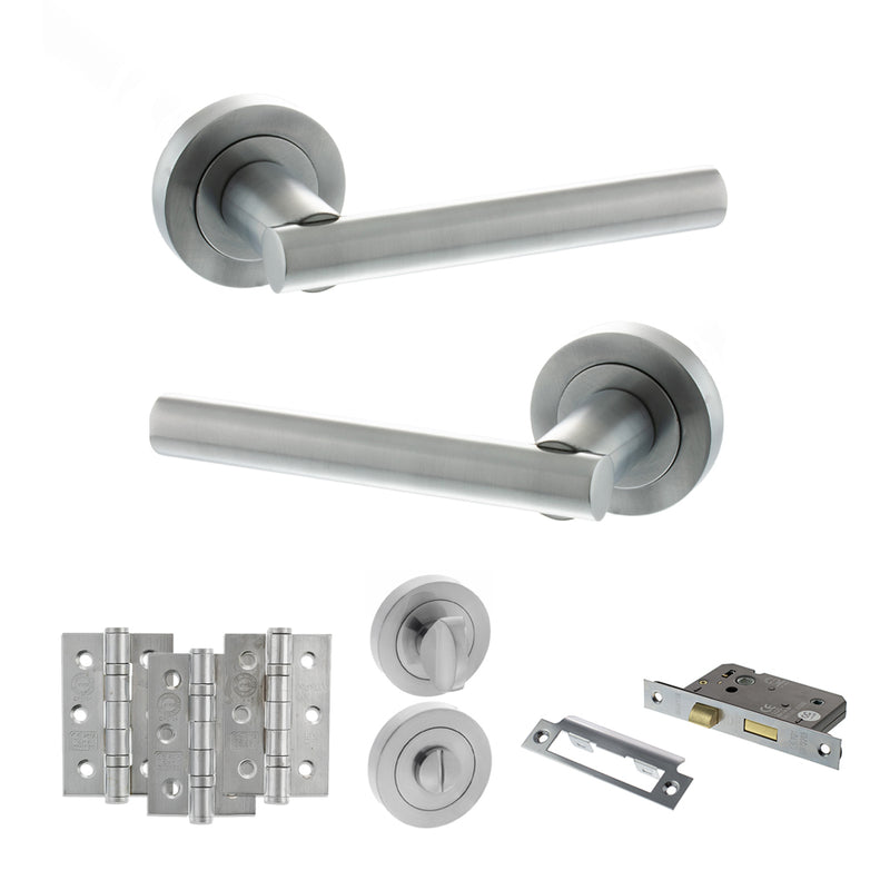 STATUS Nebraska Door Handle Pack (Bathroom Set - 2.5" CE Bathroom Lock, 3" Fire Rated Hinges x3) - Satin Chrome - ADPS28RSC8