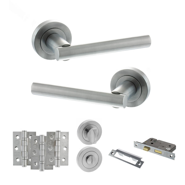STATUS Nebraska Door Handle Pack (Bathroom Set - 3" CE Bathroom Lock, 3" Fire Rated Hinges x3) - Satin Chrome - ADPS28RSC9 - Choice Handles