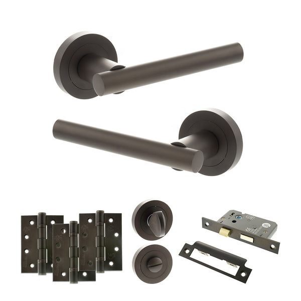 STATUS Nebraska Door Handle Pack (Bathroom Set - 3" CE Bathroom Lock, 4" Fire Rated Hinges x3) - Urban Dark Bronze - ADPS28RUDB11 - Choice Handles