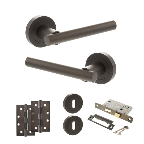 STATUS Nebraska Door Handle Pack (3 Lever Lock Set - 2.5" CE Sashlock, 4" Slim Knuckle Hinges x2) - Urban Dark Bronze - ADPS28RUDB18 - Choice Handles