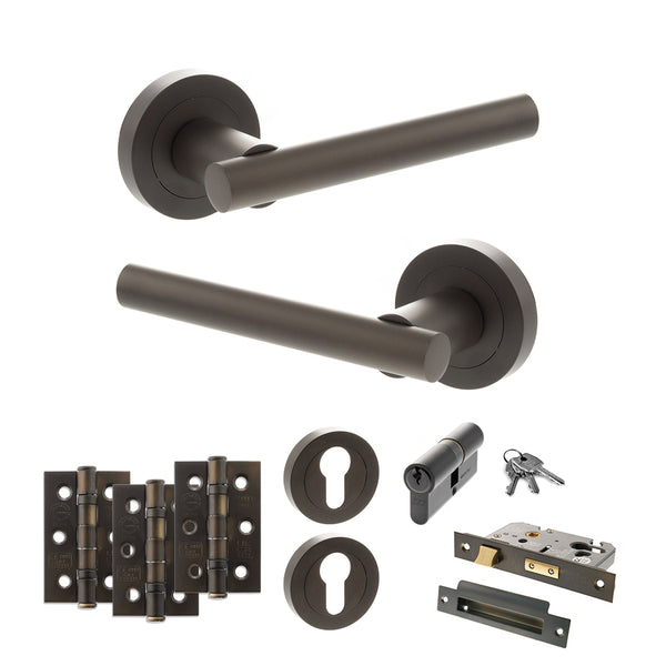 STATUS Nebraska Door Handle Pack (Euro Lock Set - 3" CE Sashlock, 3" Fire Rated Hinges x3) - Urban Dark Bronze - ADPS28RUDB21 - Choice Handles