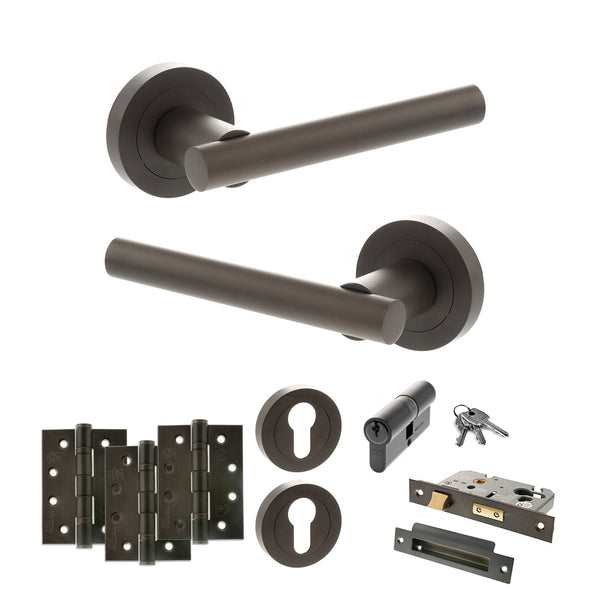 STATUS Nebraska Door Handle Pack (Euro Lock Set - 3" CE Sashlock, 4" Fire Rated Hinges x3) - Urban Dark Bronze - ADPS28RUDB23 - Choice Handles