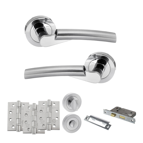 STATUS Florida Door Handle Pack (Bathroom Set - 2.5" CE Bathroom Lock, 4" Fire Rated Hinges x3) - Satin Chrome/Polished Chrome - ADPS32RSCPC10 - Choice Handles