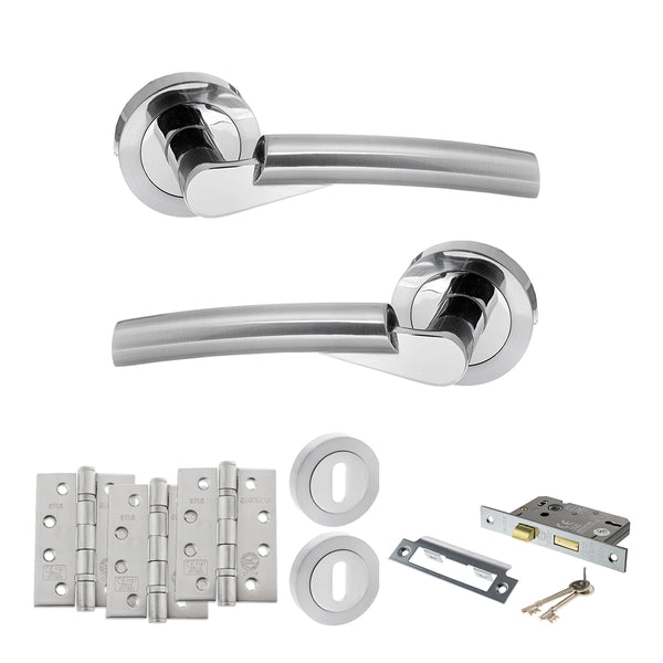 STATUS Florida Door Handle Pack (3 Lever Lock Set - 2.5" CE Sashlock, 4" Fire Rated Hinges x3) - Satin Chrome/Polished Chrome - ADPS32RSCPC16 - Choice Handles