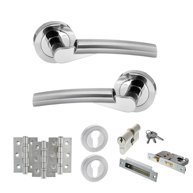 STATUS Florida Door Handle Pack (Euro Lock Set - 3" CE Sashlock, 3" Fire Rated Hinges x3) - Satin Chrome/Polished Chrome - ADPS32RSCPC21 - Choice Handles