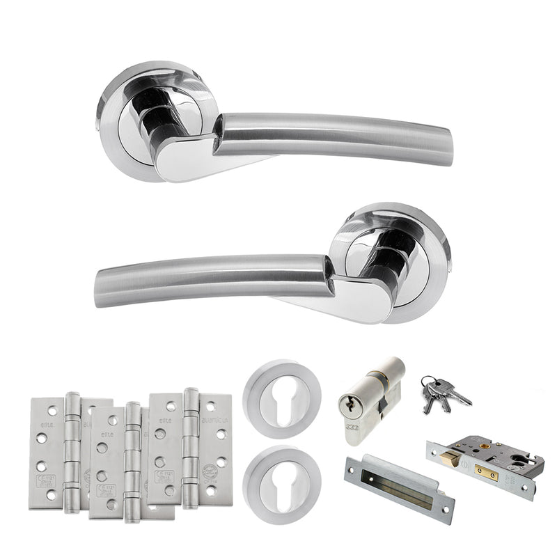 STATUS Florida Door Handle Pack (Euro Lock Set - 3" CE Sashlock, 4" Fire Rated Hinges x3) - Satin Chrome/Polished Chrome - ADPS32RSCPC23 - Choice Handles