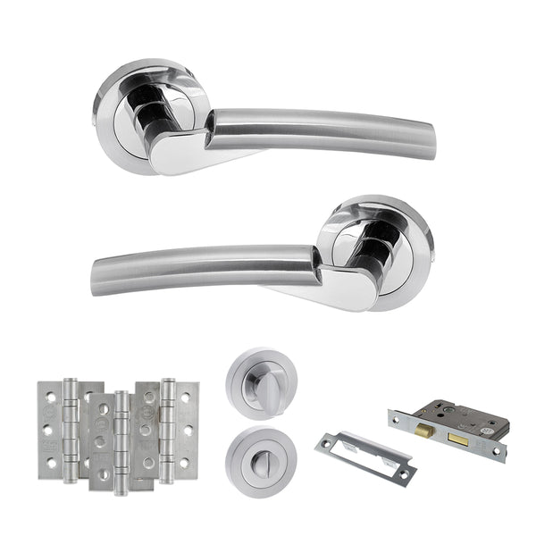 STATUS Florida Door Handle Pack (Bathroom Set - 2.5" CE Bathroom Lock, 3" Fire Rated Hinges x3) - Satin Chrome/Polished Chrome - ADPS32RSCPC8 - Choice Handles