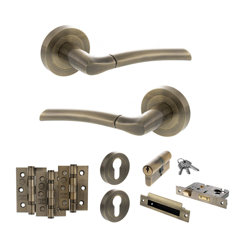 STATUS Indiana Door Handle Pack (Euro Lock Set - 3" CE Sashlock, 3" Fire Rated Hinges x3) - Antique Brass - ADPS33RAB21 - Choice Handles