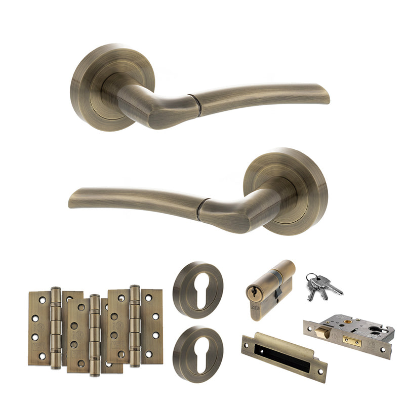 STATUS Indiana Door Handle Pack (Euro Lock Set - 3" CE Sashlock, 4" Fire Rated Hinges x3) - Antique Brass - ADPS33RAB23 - Choice Handles