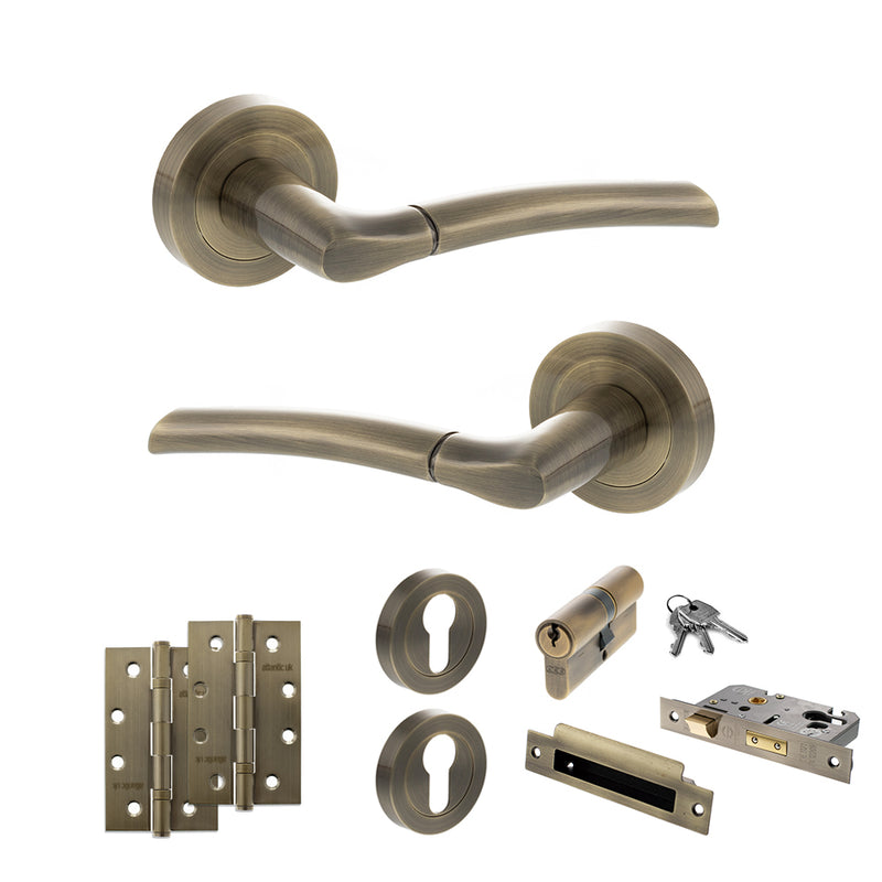 STATUS Indiana Door Handle Pack (Euro Lock Set - 3" CE Sashlock, 4" Slim Knuckle Hinges x2) - Antique Brass - ADPS33RAB25 - Choice Handles