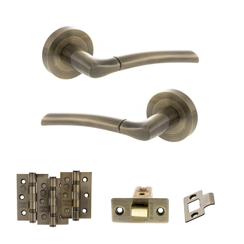 STATUS Indiana Door Handle Pack (Latch Set - 3" CE Latch, 3" Fire Rated Hinges x3) - Antique Brass - ADPS33RAB2 - Choice Handles