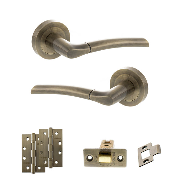 STATUS Indiana Door Handle Pack (Latch Set - 3" CE Latch, 4" Slim Knuckle Hinges x2) - Antique Brass - ADPS33RAB6 - Choice Handles