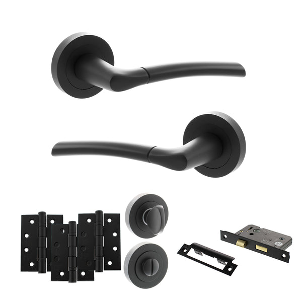 STATUS Indiana Door Handle Pack (Bathroom Set - 2.5" CE Bathroom Lock, 4" Fire Rated Hinges x3) - Matt Black - ADPS33RMB10 - Choice Handles