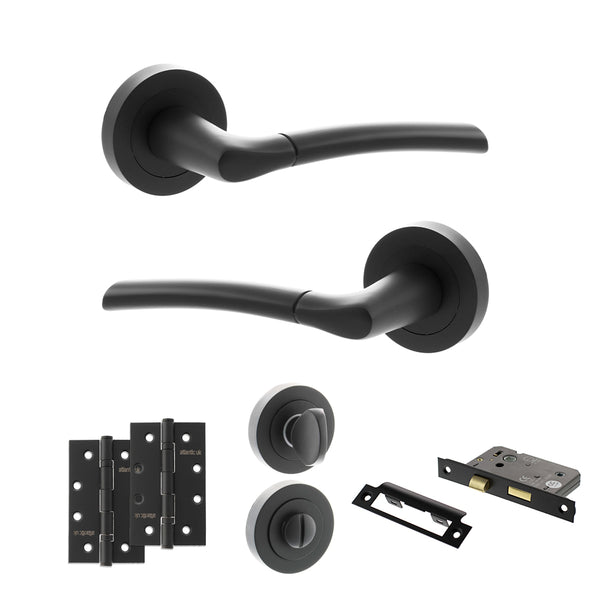 STATUS Indiana Door Handle Pack (Bathroom Set - 2.5" CE Bathroom Lock, 4" Slim Knuckle Hinges x2) - Matt Black - ADPS33RMB12 - Choice Handles