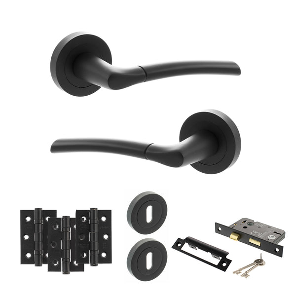 STATUS Indiana Door Handle Pack (3 Lever Lock Set - 2.5" CE Sashlock, 3" Fire Rated Hinges x3) - Matt Black - ADPS33RMB14 - Choice Handles