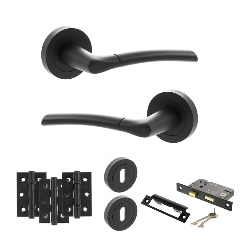 STATUS Indiana Door Handle Pack (3 Lever Lock Set - 2.5" CE Sashlock, 3" Fire Rated Hinges x3) - Matt Black - ADPS33RMB14 - Choice Handles
