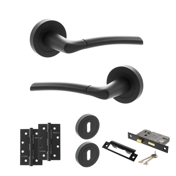 STATUS Indiana Door Handle Pack (3 Lever Lock Set - 2.5" CE Sashlock, 4" Slim Knuckle Hinges x2) - Matt Black - ADPS33RMB18 - Choice Handles