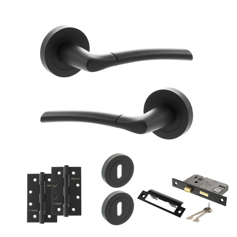 STATUS Indiana Door Handle Pack (3 Lever Lock Set - 2.5" CE Sashlock, 4" Slim Knuckle Hinges x2) - Matt Black - ADPS33RMB18 - Choice Handles