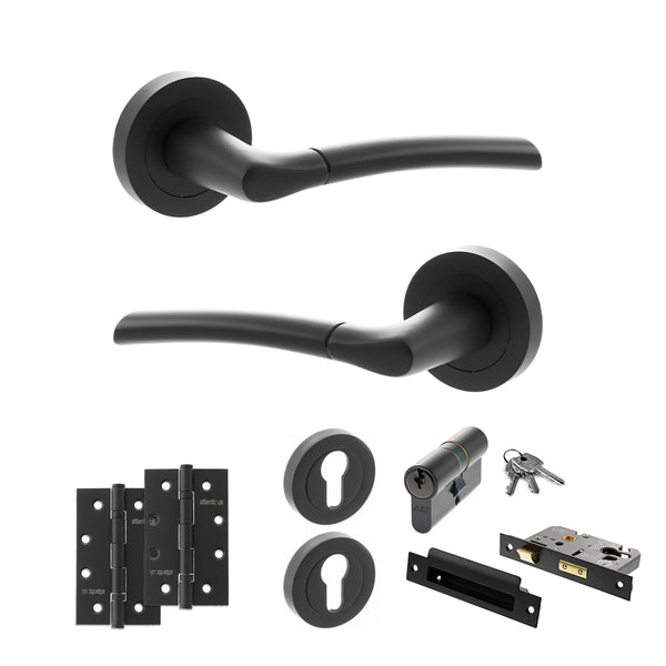 STATUS Indiana Door Handle Pack (Euro Lock Set - 3" CE Sashlock, 4" Slim Knuckle Hinges x2) - Matt Black - ADPS33RMB25 - Choice Handles