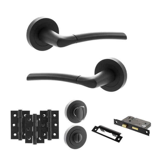 STATUS Indiana Door Handle Pack (Bathroom Set - 2.5" CE Bathroom Lock, 3" Fire Rated Hinges x3) - Matt Black - ADPS33RMB8 - Choice Handles