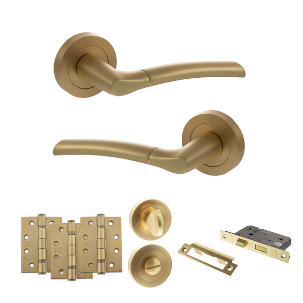 STATUS Indiana Door Handle Pack (Bathroom Set - 2.5" CE Bathroom Lock, 4" Fire Rated Hinges x3) - Satin Brass - ADPS33RSB10 - Choice Handles