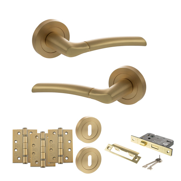STATUS Indiana Door Handle Pack (3 Lever Lock Set - 2.5" CE Sashlock, 4" Fire Rated Hinges x3) - Satin Brass - ADPS33RSB16 - Choice Handles
