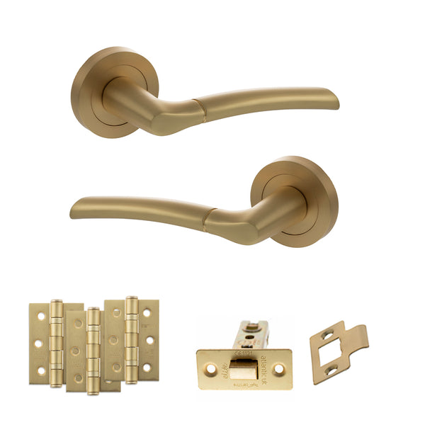 STATUS Indiana Door Handle Pack (Latch Set - 3" CE Latch, 3" Fire Rated Hinges x3) - Satin Brass - ADPS33RSB2 - Choice Handles