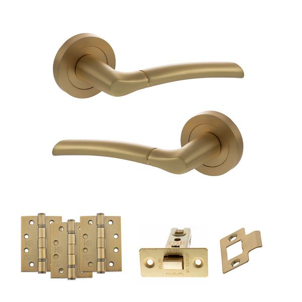 STATUS Indiana Door Handle Pack (Latch Set - 3" CE Latch, 4" Fire Rated Hinges x3) - Satin Brass - ADPS33RSB4 - Choice Handles