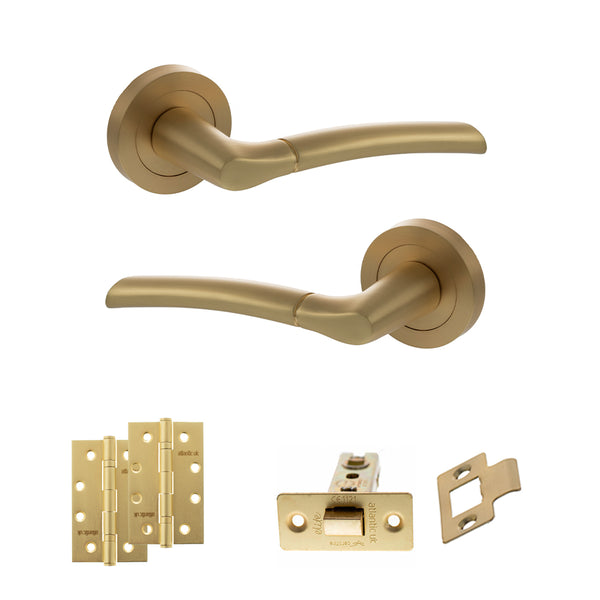 STATUS Indiana Door Handle Pack (Latch Set - 2.5" CE Latch, 4" Slim Knuckle Hinges x2) - Satin Brass - ADPS33RSB5 - Choice Handles