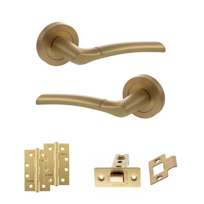 STATUS Indiana Door Handle Pack (Latch Set - 2.5" CE Latch, 4" Slim Knuckle Hinges x2) - Satin Brass - ADPS33RSB5 - Choice Handles