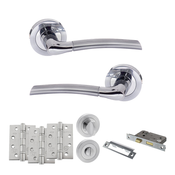STATUS Indiana Door Handle Pack (Bathroom Set - 2.5" CE Bathroom Lock, 4" Fire Rated Hinges x3) - Satin Chrome/Polished Chrome - ADPS33RSCPC10 - Choice Handles