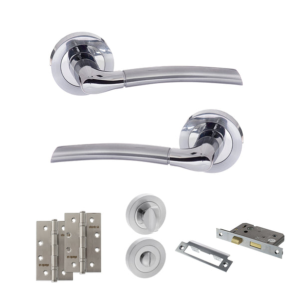 STATUS Indiana Door Handle Pack (Bathroom Set - 2.5" CE Bathroom Lock, 4" Slim Knuckle Hinges x2) - Satin Chrome/Polished Chrome - ADPS33RSCPC12 - Choice Handles