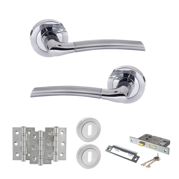 STATUS Indiana Door Handle Pack (3 Lever Lock Set - 2.5" CE Sashlock, 3" Fire Rated Hinges x3) - Satin Chrome/Polished Chrome - ADPS33RSCPC14 - Choice Handles