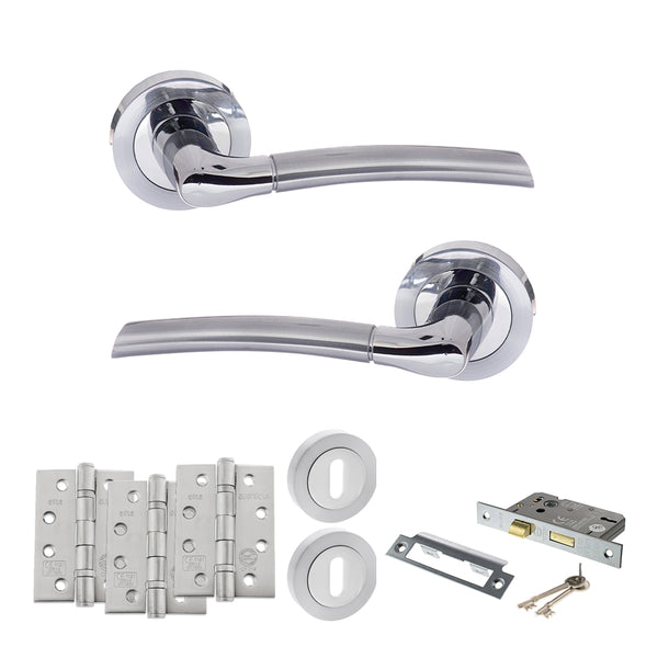 STATUS Indiana Door Handle Pack (3 Lever Lock Set - 2.5" CE Sashlock, 4" Fire Rated Hinges x3) - Satin Chrome/Polished Chrome - ADPS33RSCPC16 - Choice Handles