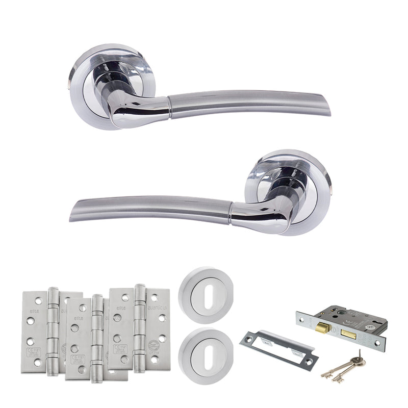 STATUS Indiana Door Handle Pack (3 Lever Lock Set - 2.5" CE Sashlock, 4" Fire Rated Hinges x3) - Satin Chrome/Polished Chrome - ADPS33RSCPC16 - Choice Handles