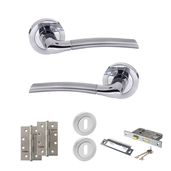 STATUS Indiana Door Handle Pack (3 Lever Lock Set - 2.5" CE Sashlock, 4" Slim Knuckle Hinges x2) - Satin Chrome/Polished Chrome - ADPS33RSCPC18 - Choice Handles